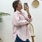 ÇİZGİLİ ETEĞİ OVAL SALAŞ GÖMLEK - FUŞYA