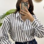 ÇİZGİLİ ETEĞİ OVAL SALAŞ GÖMLEK - LACİVERT