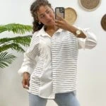 ÇİZGİLİ GARNİ PARÇALI GÖMLEK - EKRU