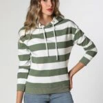 ÇİZGİLİ KAPŞONLU SWEAT - KOYU YEŞİL