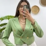 ÇİZGİLİ KARE DÜĞME CROP CEKET - AÇIK YEŞİL