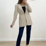 ÇİZGİLİ KETEN TEK DÜĞME CEKET - SİYAH