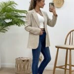 ÇİZGİLİ KETEN TEK DÜĞME CEKET - LACİVERT