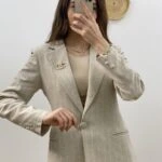 ÇİZGİLİ KETEN TEK DÜĞME CEKET - TAŞ