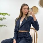 ÇİZGİLİ KISA CEKET - LACİVERT ÇİZGİLİ