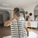 ÇİZGİLİ KISA KOL GOLD DÜĞME VİSKON HIRKA - EKRU SİYAH