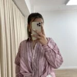 ÇİZGİLİ ÖN DÜĞÜMLÜ ARK UZUN GÖMLEK - PEMBE