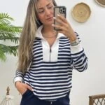 ÇİZGİLİ ÖNÜ FERMUARLI SWEAT - LACİVERT ÇİZGİLİ