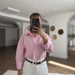 ÇİZGİLİ OVERSİZE TEK CEP PAMUK GÖMLEK - PEMBE