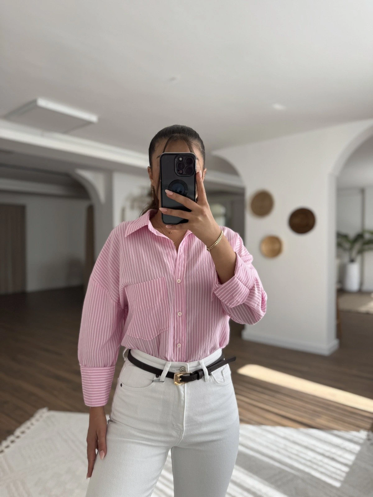 ÇİZGİLİ OVERSİZE TEK CEP PAMUK GÖMLEK - PEMBE - Görsel 1