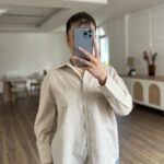 ÇİZGİLİ OVERSİZE TEK CEP PAMUK GÖMLEK - BEJ