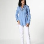 ÇİZGİLİ PAMUK YAN YIRTMAÇ GÖMLEK - MAVİ BEYAZ