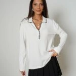 ÇİZGİLİ POLO YAKA DÜĞMELİ VİSKON TİRKO - EKRU