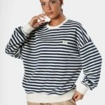 ÇİZGİLİ QU NAKIŞ DOKUMA PAMUK SWEAT - LACİVERT EKRU