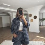 ÇİZGİLİ SALAŞ GÖMLEK ŞORT PAMUK TAKIM - LACİVERT BEYAZ