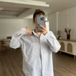 ÇİZGİLİ SERPME DOKU TEK CEP PAMUK SALAŞ GÖMLEK - LACİVERT