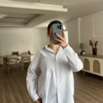 ÇİZGİLİ SERPME DOKU TEK CEP PAMUK SALAŞ GÖMLEK - MAVİ