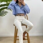 ÇİZGİLİ TEK CEP CROP SALAŞ GÖMLEK - MAVİ