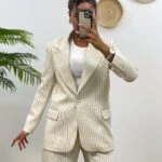 ÇİZGİLİ TEK DÜĞME BLAZER CEKET - EKRU