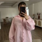 ÇİZGİLİ V YAKA SALAŞ MODAL GÖMLEK - PEMBE