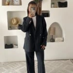 ÇİZGİLİ VİSKON KARIŞIMLI CEKET VE PANTOLON TAKIM - LACİVERT