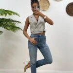 ÇİZGİLİ YAKA ZİNCİR CROP YELEK - MAVİ