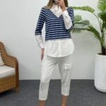 ÇİZGİLİ YAKA,KOL VE ETEK UCU GARNİLİ SWEAT - LACİVERT ÇİZGİLİ