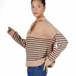 ÇİZGİLİ YAKALI VİSKON TRİKO - KARAMEL