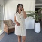 ÇOBAN DİKİŞ ÖN DÜĞME KEMERLİ GABARDİN ELBİSE - EKRU