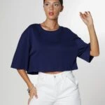 CROP BİSİKLET YAKA TİŞÖRT - LACİVERT