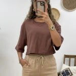 CROP BİSİKLET YAKA TİŞÖRT - KAHVE