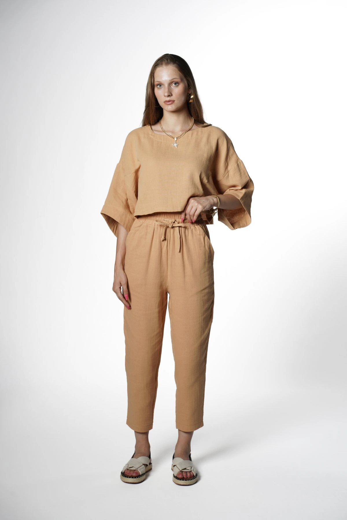 CROP BLUZ+PANTOLON PAMUK TAKIM - CAMEL - Görsel 1