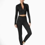 CROP DİK YAKA FERMUARLI LİKRALI  TAYT TAKIM - SİYAH