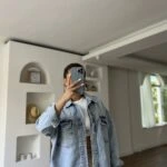 D82144 ÖN SIRA TAŞ BASKI ÇİFT KAPAK CEP JEAN GÖMLEK - AÇIK MAVİ