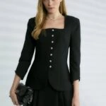 D88637 KARE YAKA GOLD DÜĞME VATKALI CEKET - SİYAH