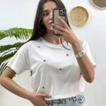 DAMLA BONCUK BİSİKLET YAKA TİŞÖRT - BEYAZ