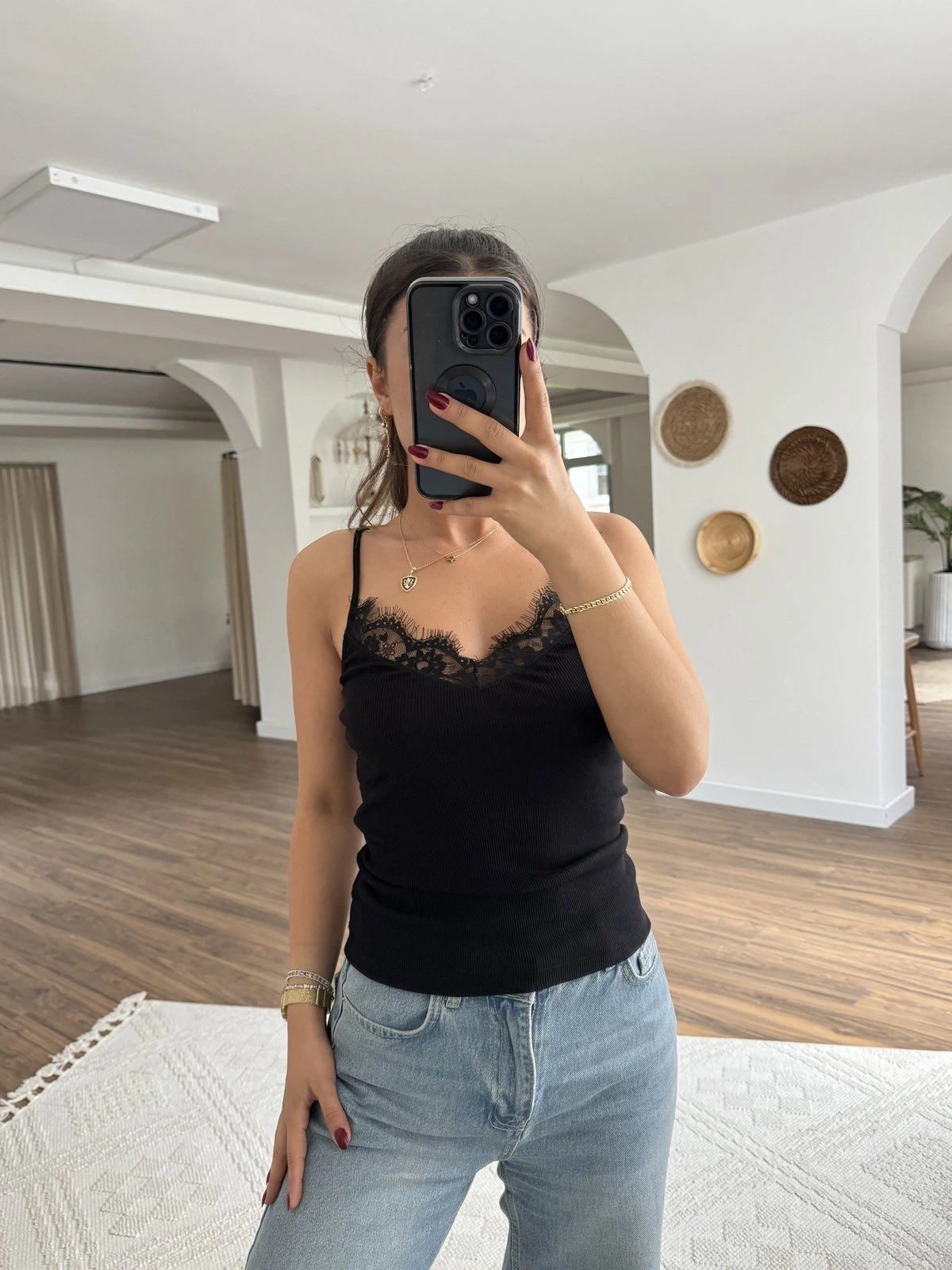 DANTEL ŞERİT ASKILI PAMUK ATLET - SİYAH - Görsel 1