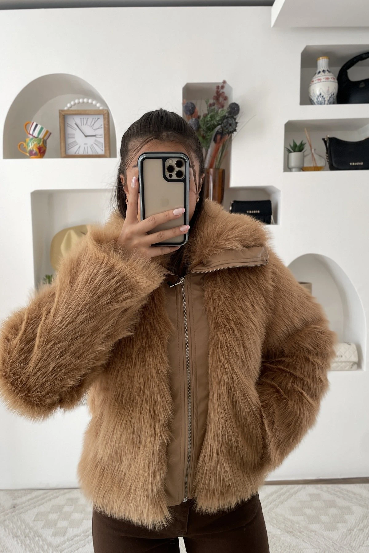 DERİ BİYELİ FERMUARLI KÜRK - CAMEL - Görsel 1