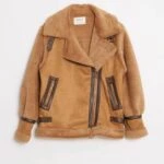 DERİ BİYELİ KOL KÜRKLÜ NUBUK BİKER MONT - TABA