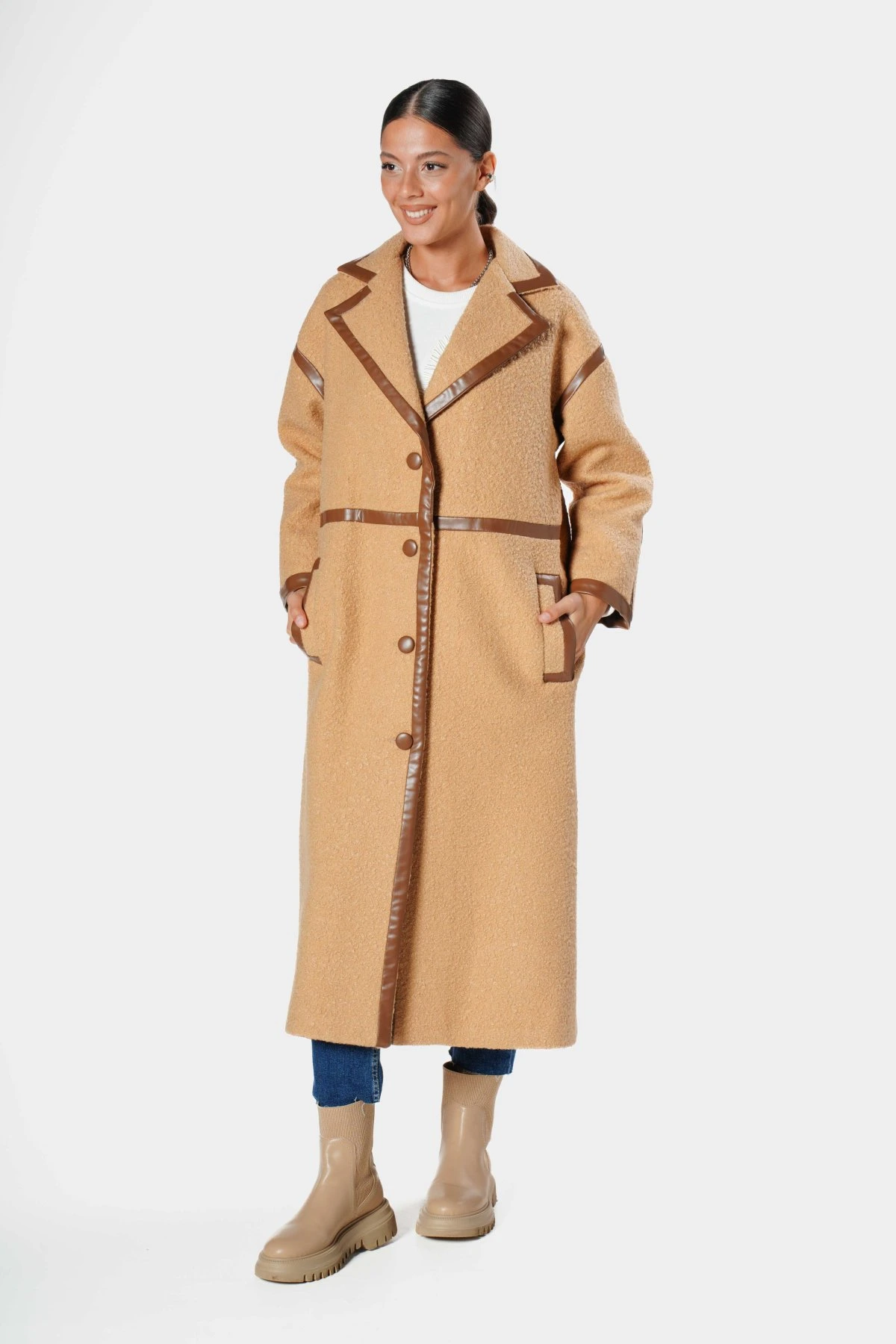 DERİ BİYELİ UZUN BUKLET KABAN - KARAMEL - Görsel 1