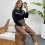 DERİ ÇİZGİ KUŞ BASKI SWEAT - SİYAH