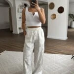 DESEN DOKU CEPLİ BEL LASTİK RAHAT VİSKON PANTOLON - EKRU