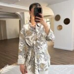 DESENLİ BEL İP DETAY İPEK VİSKON KETEN GÖMLEK - EKRU HAKİ