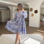 DESENLİ BEL PİLİ PAMUK GÖMLEK ELBİSE - MAVİ