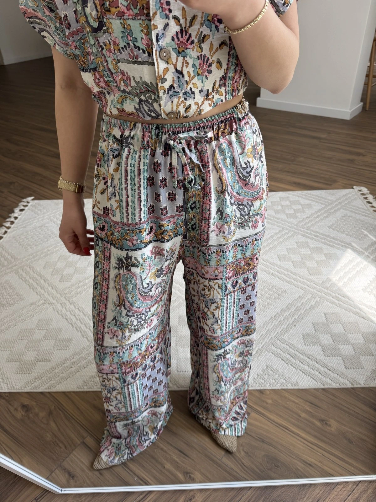 DESENLİ VİSKON RAHAT PANTOLON - EKRU - Görsel 1