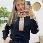 DİK YAKA 2 RENKLİ BEL BÜZGÜ SWEAT - LACİVERT