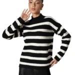 DİK YAKA BEL BİLEK VE DÜZ ÇİZGİLİ VİSKON KAZAK - SİYAH EKRU