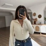 DİK YAKA ÇITÇITLI PAMUK KARIŞIM KAZAK - EKRU