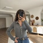 DİK YAKA ÇITÇITLI PAMUK KARIŞIM KAZAK - FÜME