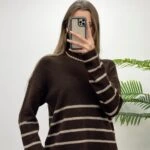 DİK YAKA ÇİZGİLİ KAZAK - KAHVE